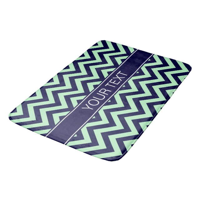 Mint Navy LG Chevron Navy Blue Name Monogram Bath Mat (Angled)