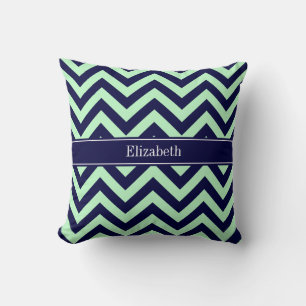 Mint Navy LG Chevron Navy Blue Name Monogram Throw Pillow