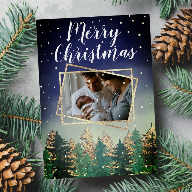 Mint Navy Watercolor Snow Trees Christmas Card (Mint Navy Watercolor Snow Trees Christmas )