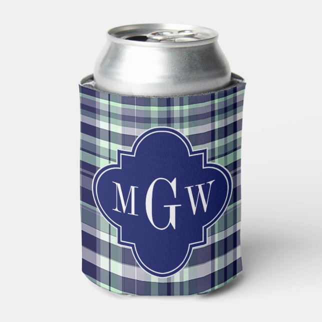 Mint Navy White Preppy Madras Quatrefoil Monogram Can Cooler (Can Front)