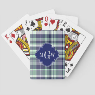 Mint Navy White Preppy Madras Quatrefoil Monogram Playing Cards