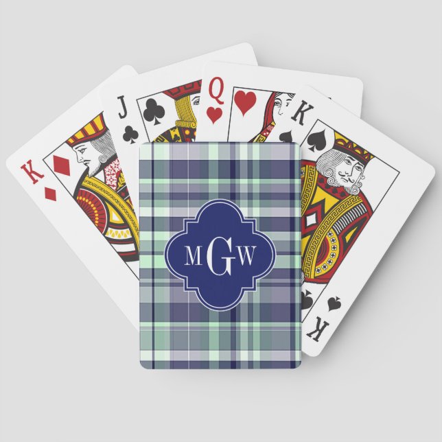 Mint Navy White Preppy Madras Quatrefoil Monogram Playing Cards (Back)