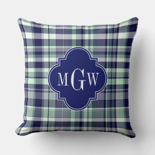 Mint Navy White Preppy Madras Quatrefoil Monogram Throw Pillow