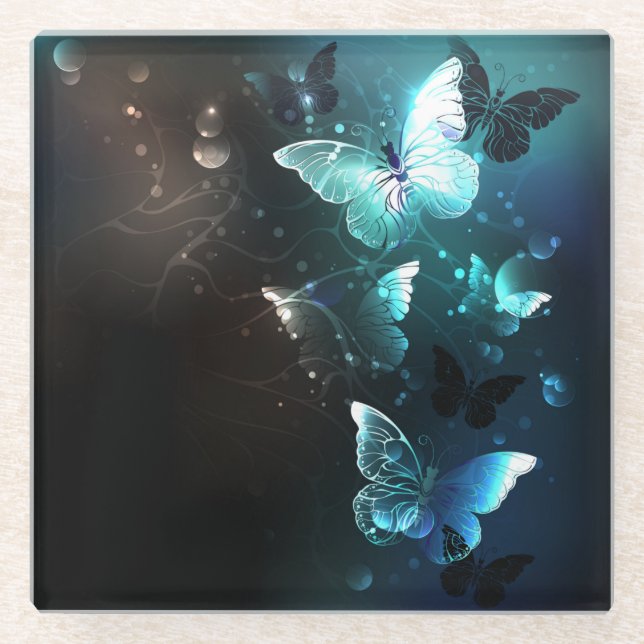 Mint Night Butterflies Glass Coaster (Front)