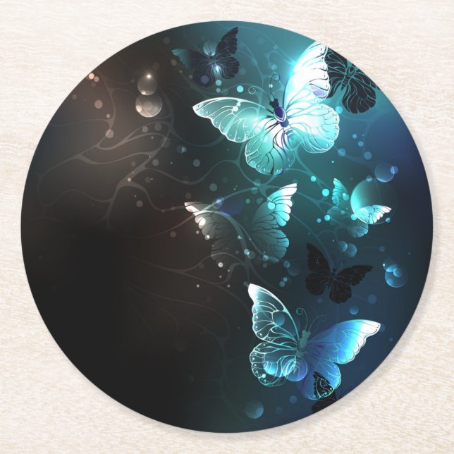Mint Night Butterflies Round Paper Coaster (Front)