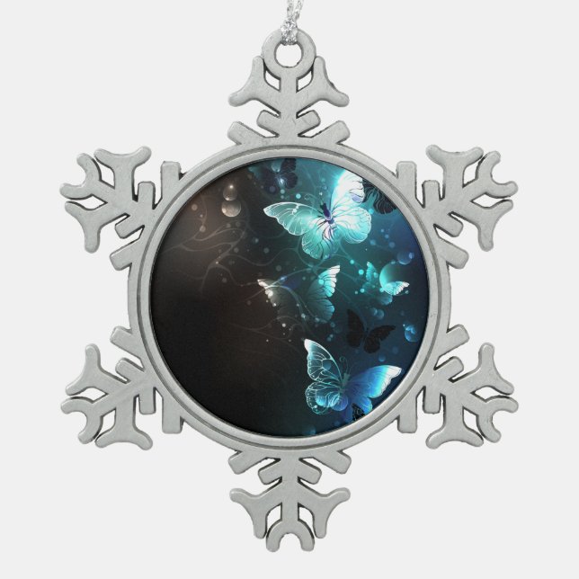 Mint Night Butterflies Snowflake Pewter Christmas Ornament (Front)