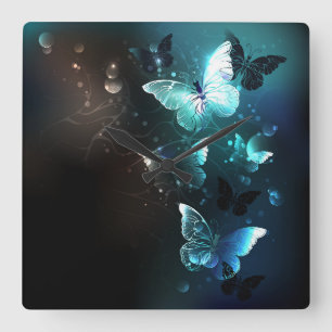 Mint Night Butterflies Square Wall Clock