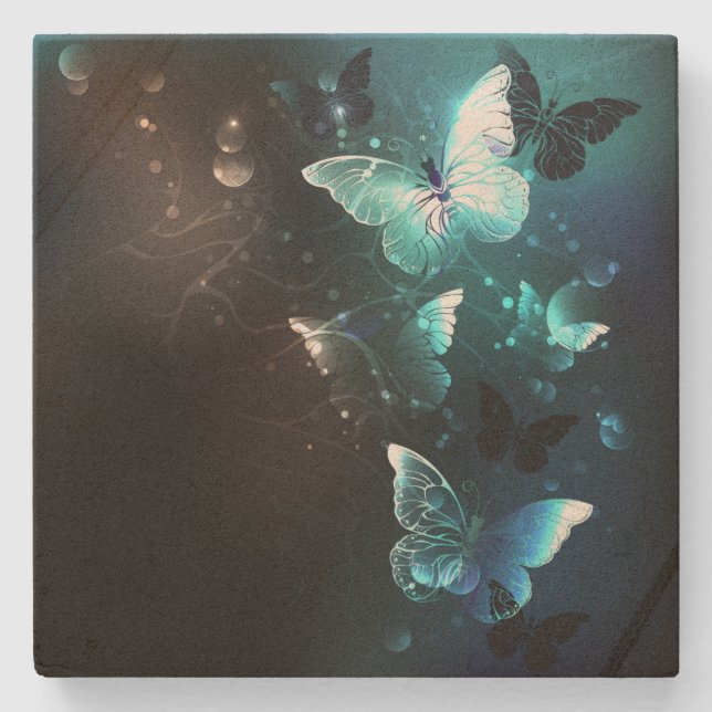 Mint Night Butterflies Stone Coaster (Front)