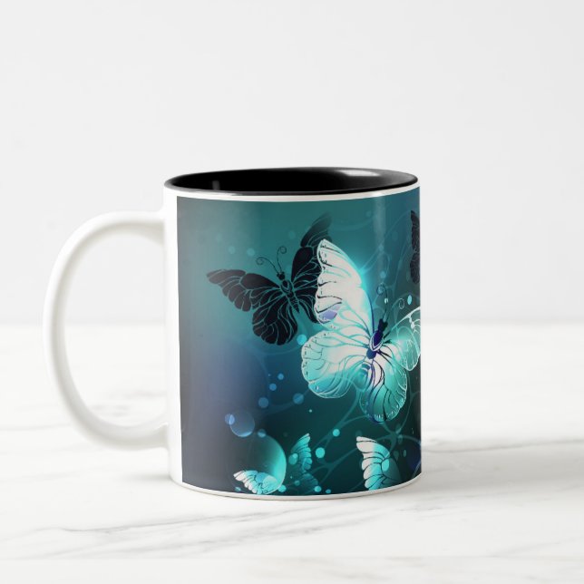 Mint Night Butterflies Two-Tone Coffee Mug (Left)