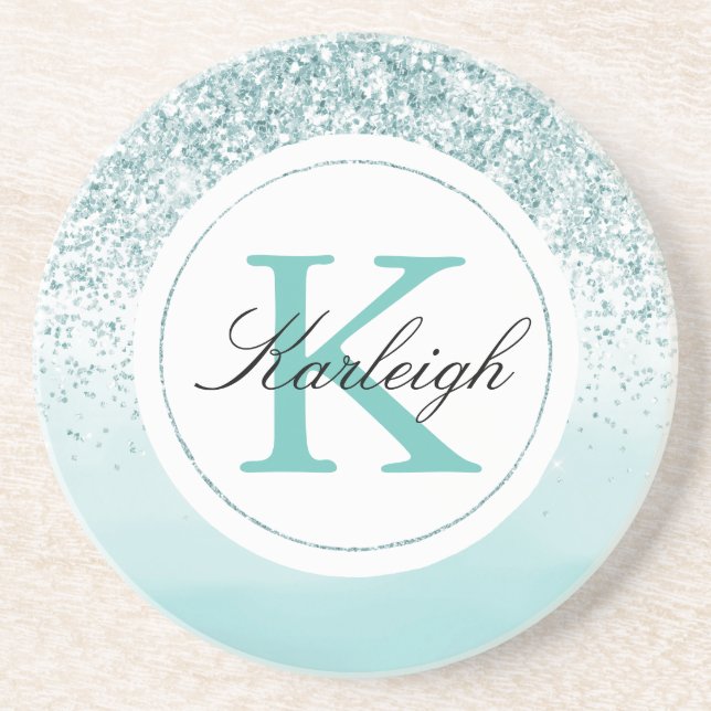 Mint Ombre Glitter Monogram Coaster (Front)