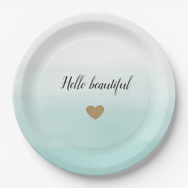 Mint Ombre Gold Glitter Heart personalized Paper Plate (Front)