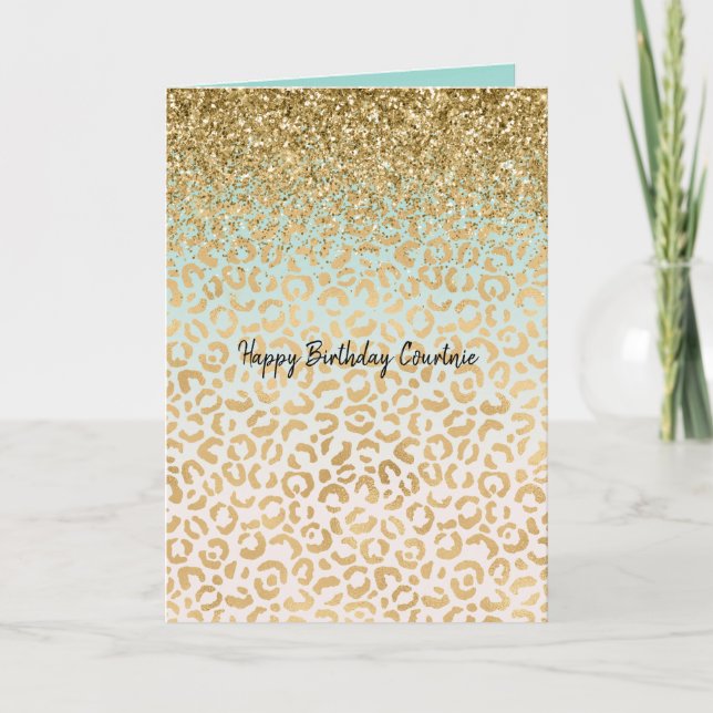 Mint Ombre Gold Glitter Leopard Print Card (Front)
