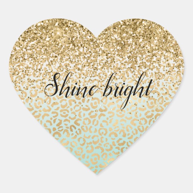 Mint Ombre Gold Glitter Leopard Print Heart Sticker (Front)