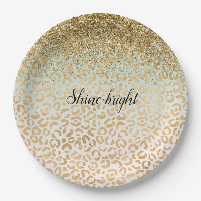 Mint Ombre Gold Glitter Leopard Print Paper Plate (Front)