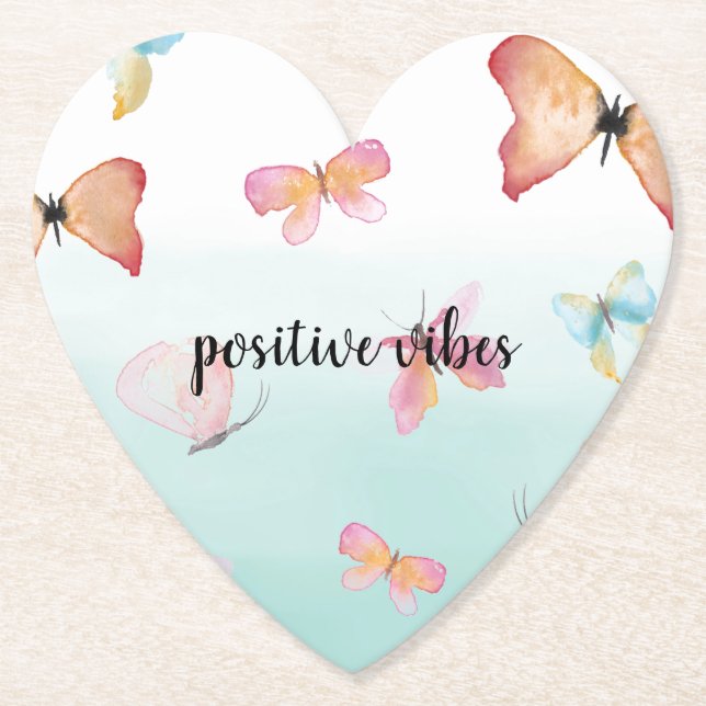Mint Ombre Pink Butterflies Watercolor Paper Coaster (Front)