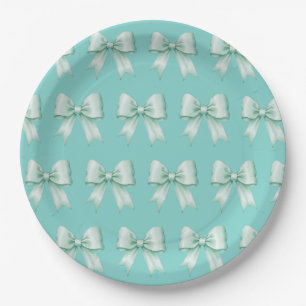 Mint on Teal Vintage Satin Bow Pattern Paper Plate