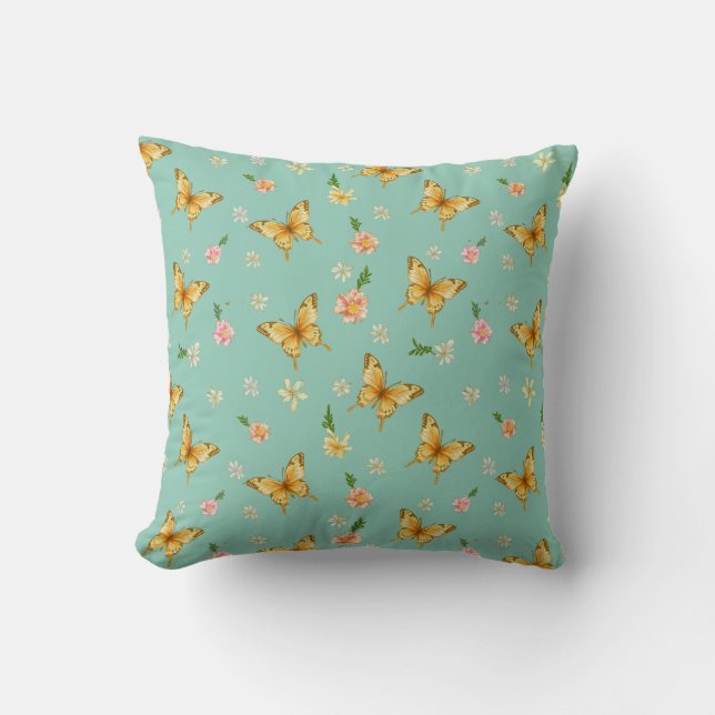 Mint Orange Floral Throw Pillow (Front)