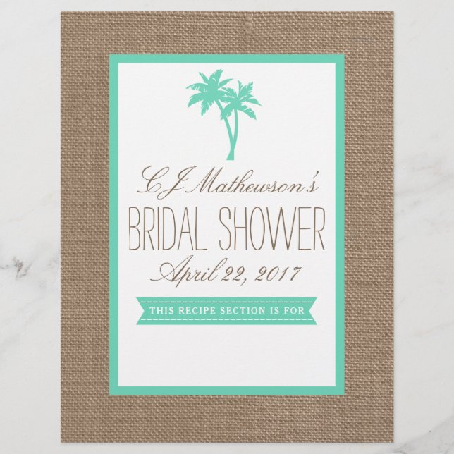 Mint Palm Tree Beach Bridal Shower Recipe Divider (Front)