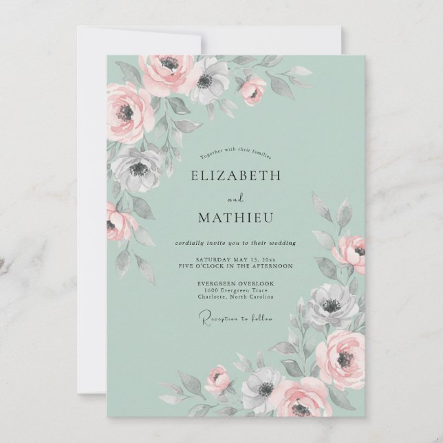 Mint Pastel Ranunculus Eucalyptus Wedding Invitation (Front)