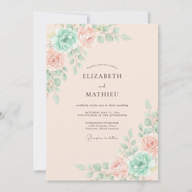 Mint Peach Ethereal Spring Wedding Invitation (Front)