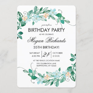 Mint Peach Floral Wreath Birthday Party Invitation
