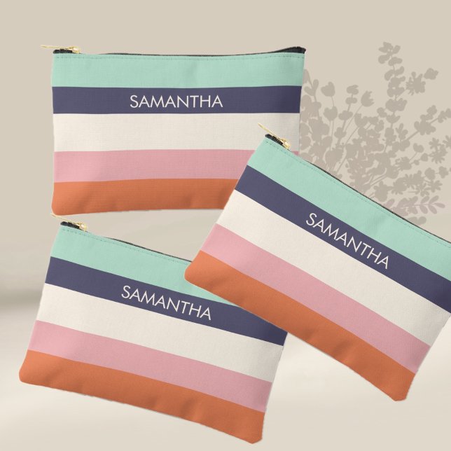 Mint Peach Modern Colour Blocks Stripes Personaliz Accessory Pouch (Creator Uploaded)