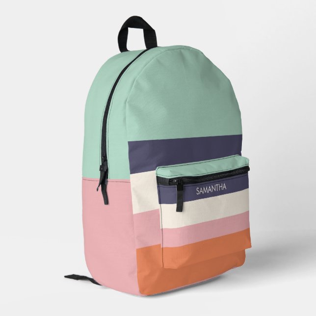 Mint Peach Modern Colour Blocks Stripes Personaliz Printed Backpack (Back Corner Left)