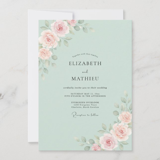 Mint Peach Ranunculus Eucalyptus Wedding Invitation (Front)