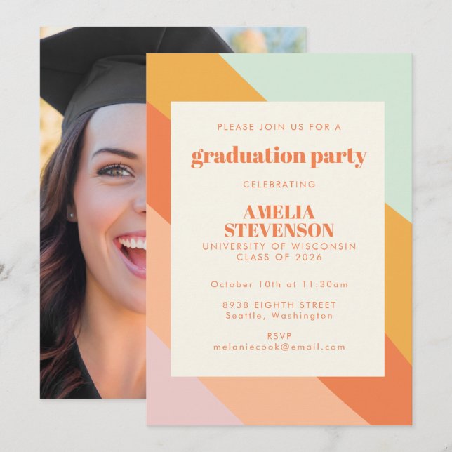 Mint Peach Retro Stripes Photo Graduation Party  Invitation (Front/Back)