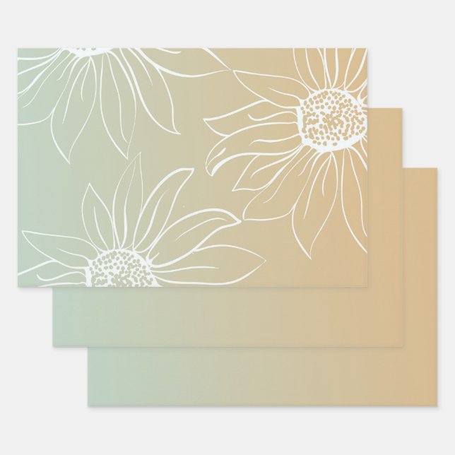 Mint Peach White Daisies Floral Wrapping Paper Sheet (Set)