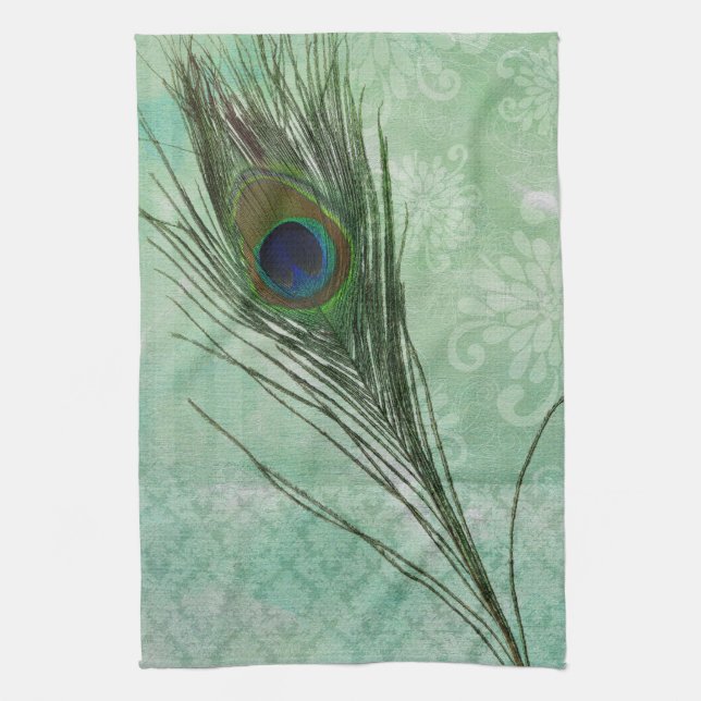 Mint Peacock Feather Kitchen Towel (Vertical)