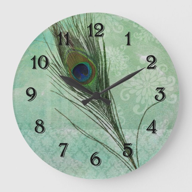 Mint Peacock Feather Large Clock (Front)
