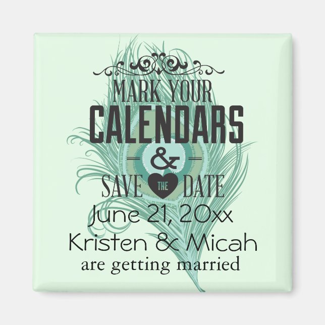 Mint Peacock Feather Save the Date Magnet (Front)