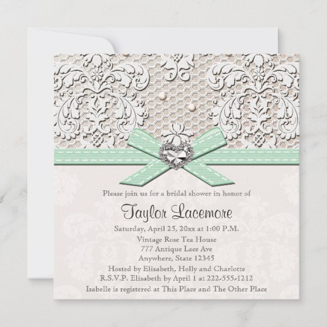 Mint Pearl Lace Diamond Bridal Shower Invitation (Front)