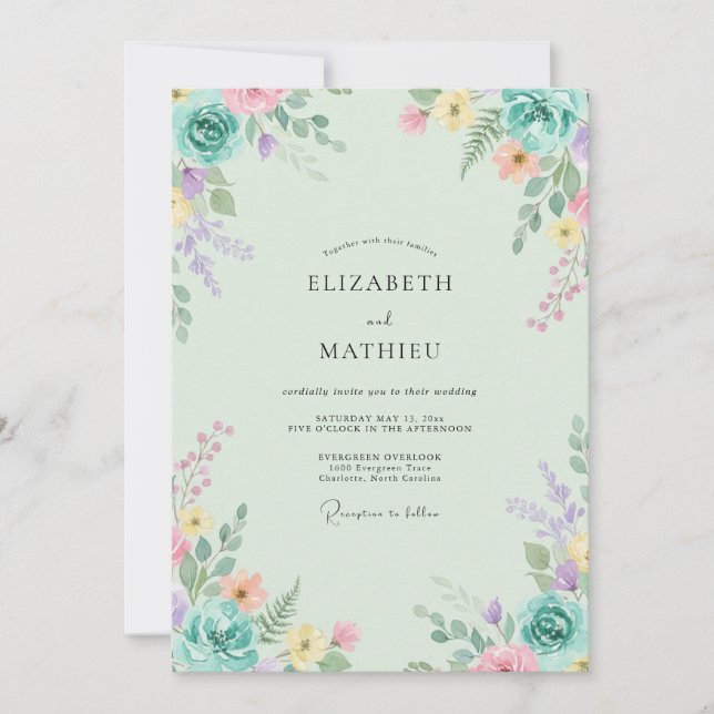 Mint Periwinkle Wildflower Wedding Invitation (Front)