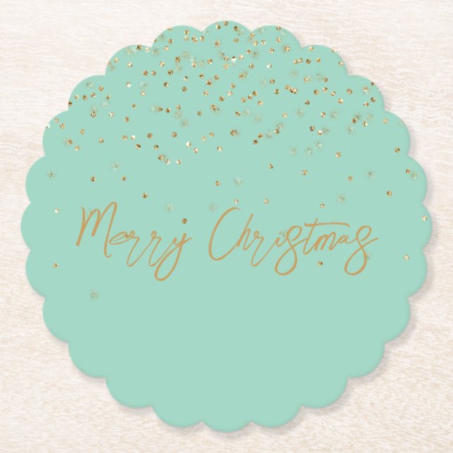 Mint Personalized Gold Name Glitter Sparkle Dots Paper Coaster (Front)