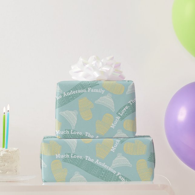 Mint Personalized Knit Aztec Hats Mittens Scarves Wrapping Paper (Party Gifts)
