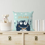 Mint | Personalized Monster Throw Pillow<br><div class="desc">Cool personalized throw pillow for your little monster's room features their name in vibrant orange lettering on a mint green background decorated with white stars and a cute smiling monster wearing a dapper bow tie.</div>