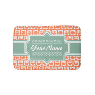Mint Personalized Name Orange Owls Bath Mat