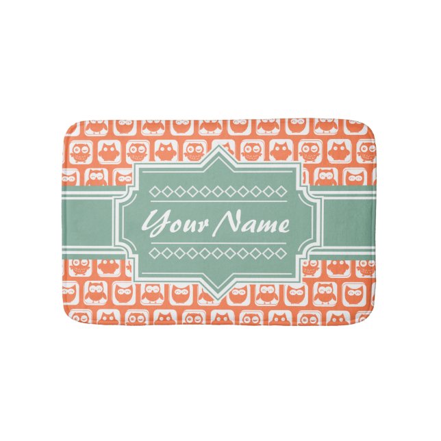 Mint Personalized Name Orange Owls Bath Mat (Front)