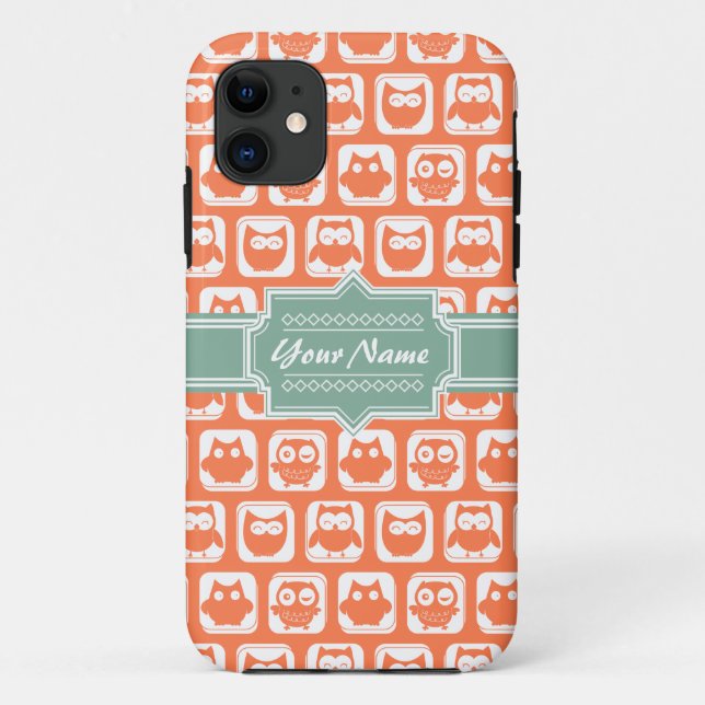 Mint Personalized Name Orange Owls Case-Mate iPhone Case (Back)