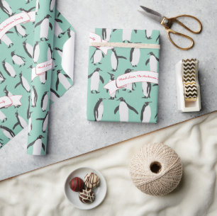 Mint Personalized Penguin Pattern Wrapping Paper