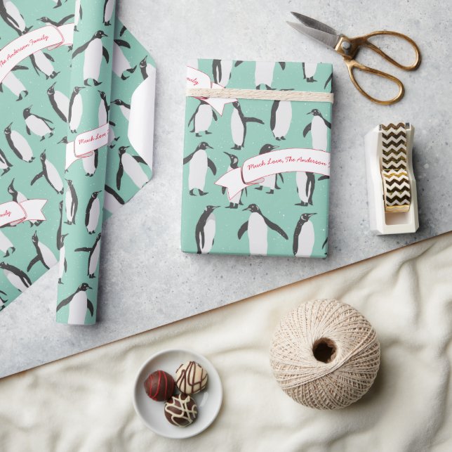 Mint Personalized Penguin Pattern Wrapping Paper (Crafts)