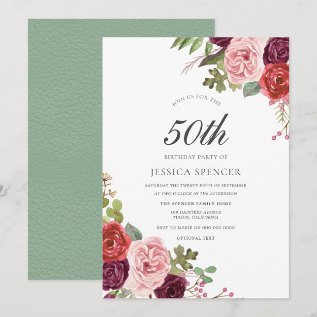 Mint Pink Blush Floral 50th Birthday Party Invite (Front/Back)