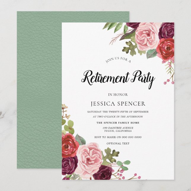 Mint & Pink Blush Floral Retirement Party Invite (Front/Back)