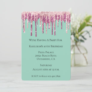 Mint Pink Blush Ice Cream Glitter Drips Birthday Invitation