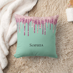 Mint Pink Blush Ice Cream Glitter Drips Throw Pillow