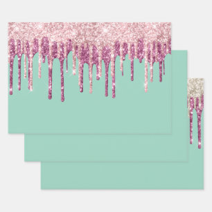 Mint Pink Blush Ice Cream Glitter Drips  Wrapping Paper Sheet