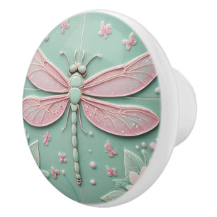 Mint & Pink Dragonfly and Flowers Girly Floral Ceramic Knob