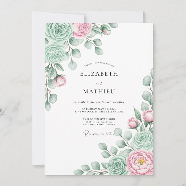 Mint Pink Ethereal Bloom Wedding Invitation (Front)